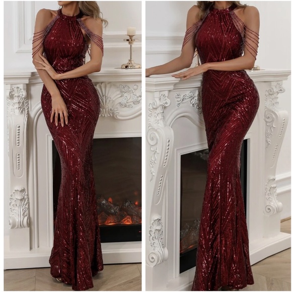 Luxe Sequin Halter Evening Party Wedding Bodycon Gown Dress - Picture 2 of 9